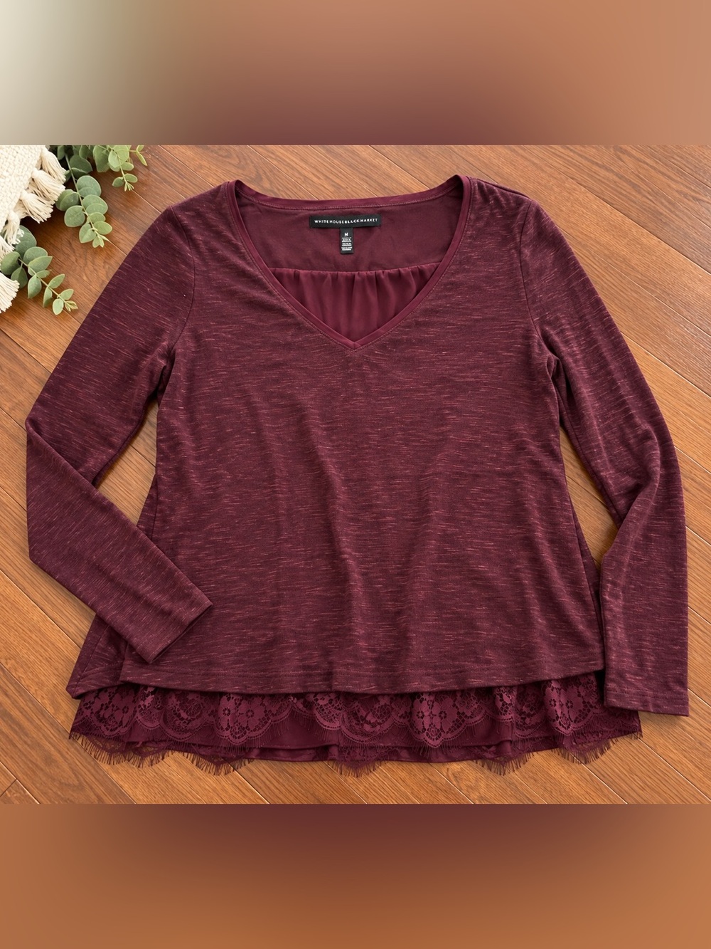 White House Black Market Maroon V-Neck Layered Lace Hem Top | size Medium